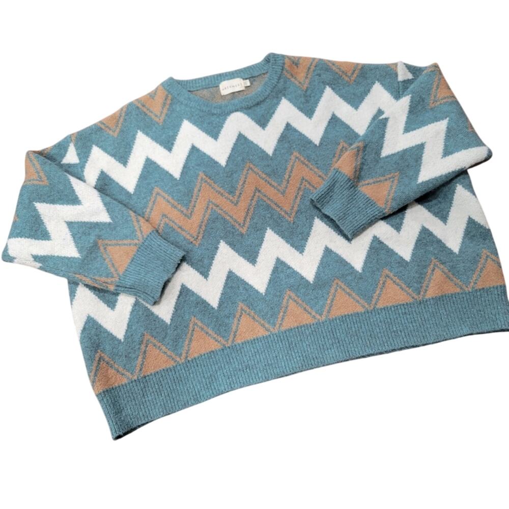 Dreamers Cheveron Crew neck Sweater Teal Tan boxy fit Size 2XL